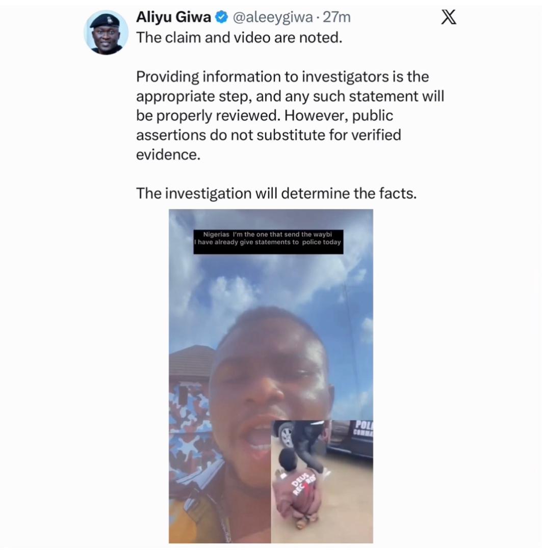 Police New Media Officer, Aliyu Giwa, reacts to trending vieo of man claiming to have dispatched package containing pistol to 28-year-old man k!lled by police officer in Delta